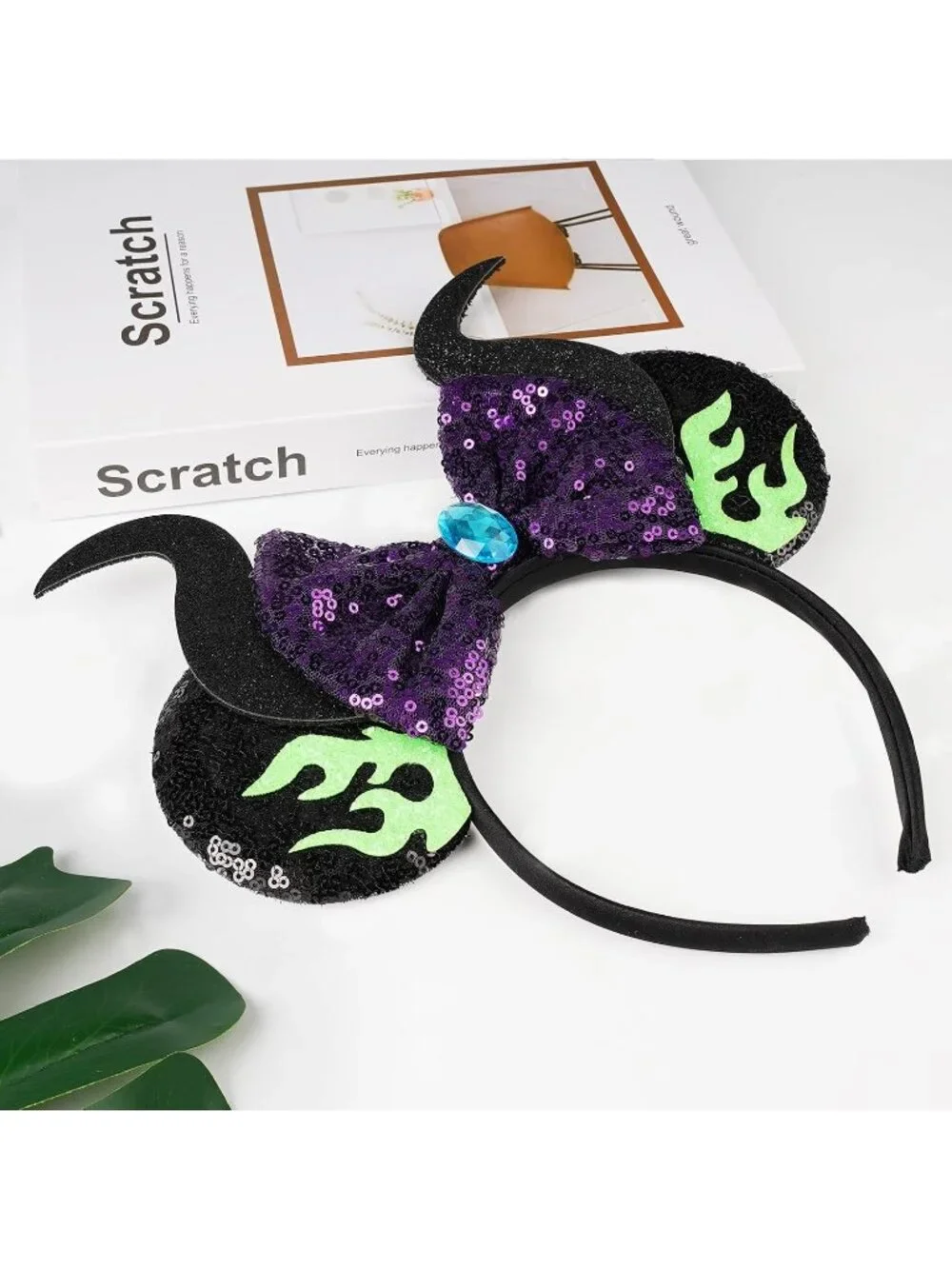 Women Green Purple Sequin Handmade Mickey Mouse Headband 2 Pieces